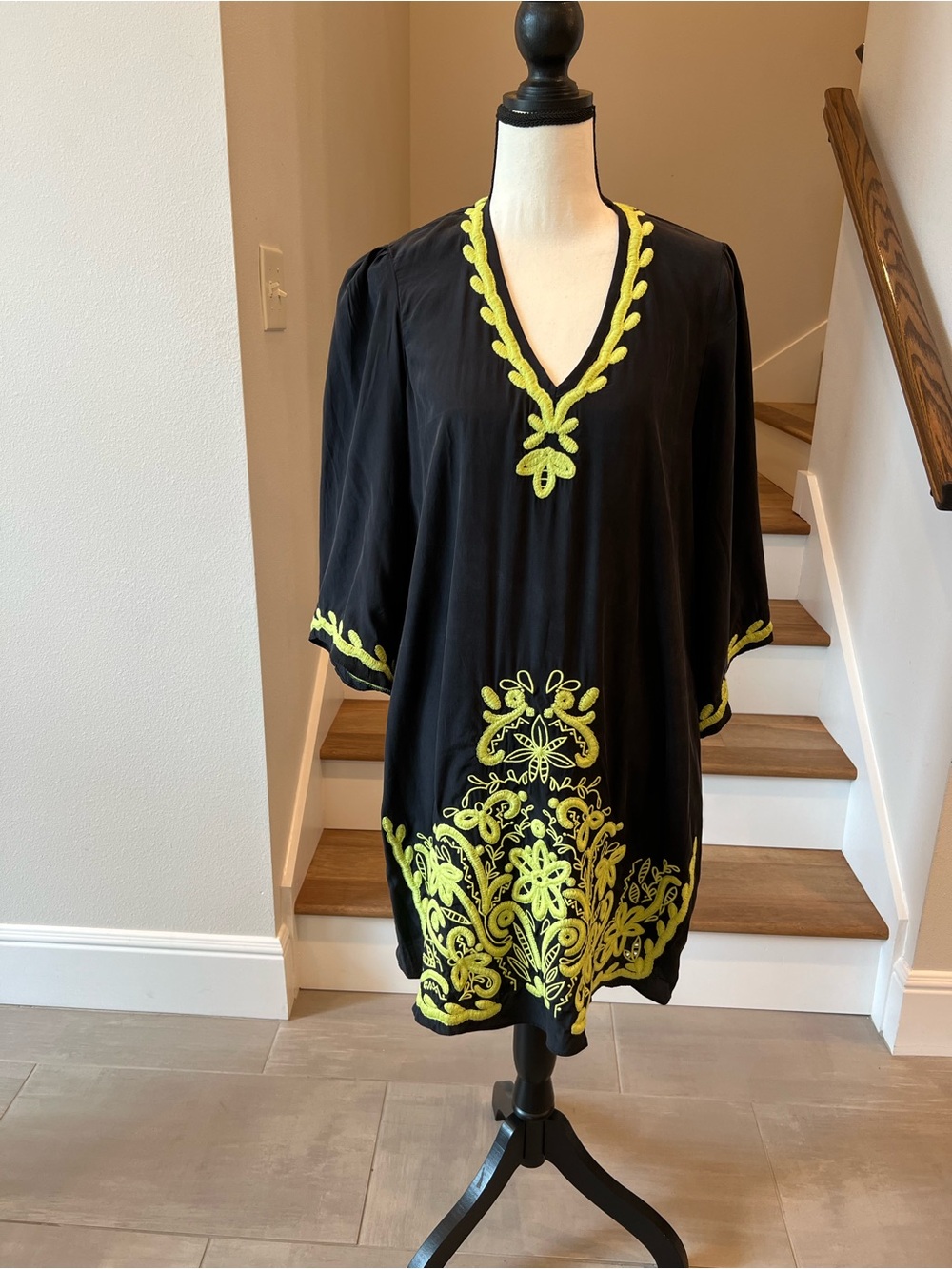 A.Brand Black Tunic Dress with Neon Yellow Floral Embroidery